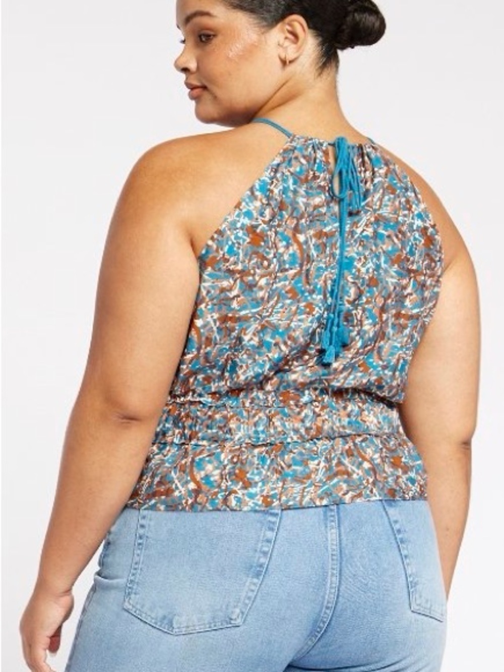NEW Joie Silk Blend Valarie Tassel Tie Halter Top in Fjord Multi Blue Women’s 2X